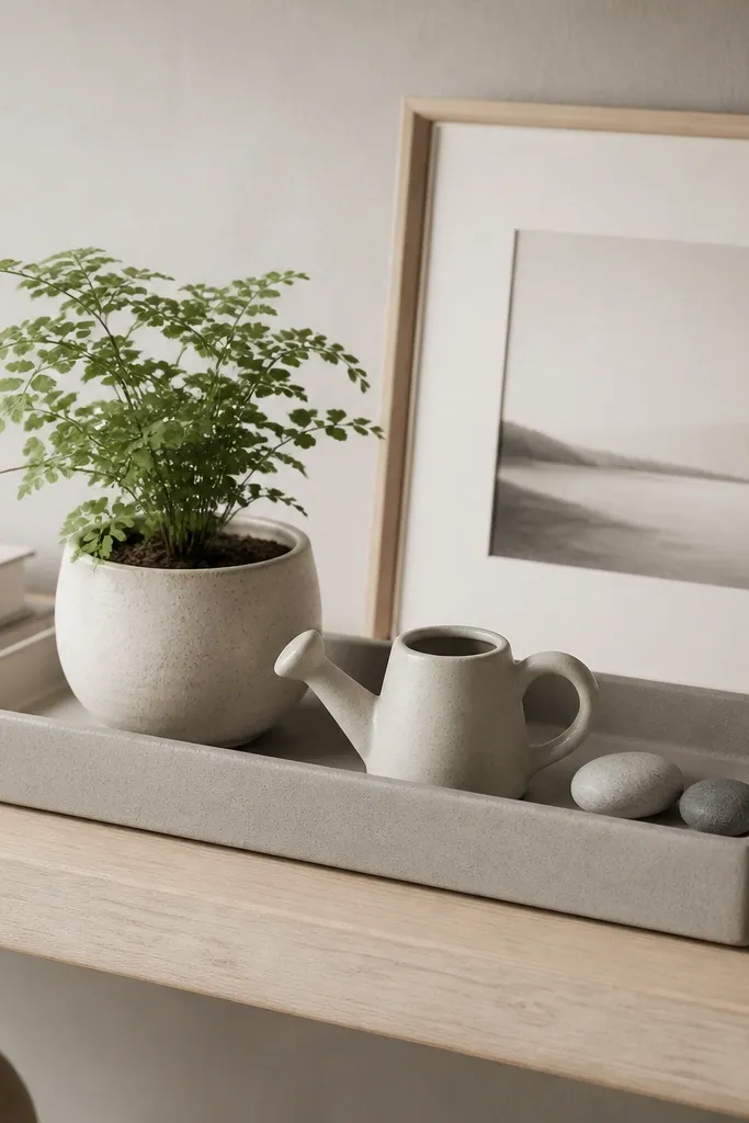 A rectangular monochrome tray sits on the shelf. Inside the tray are a small plant pot, a tiny ceramic watering can, and a pair of mini stones. A small framed print leans behind the tray.