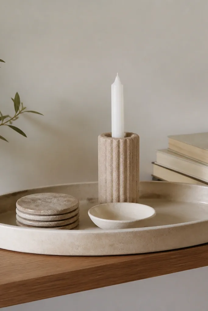 An oversized oval tray sits across the middle of a floating shelf. Inside the tray are stacked coasters, a small ceramic dish, and one taller candle holder. A book stack sits at the back right.