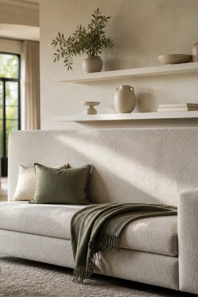 Two matte white floating shelves on a light gray living room wall. The top shelf holds a tall white ceramic vase and a small framed print. The bottom shelf has a stack of three off-white books, a brass candle holder, and a tiny green plant in a white pot.