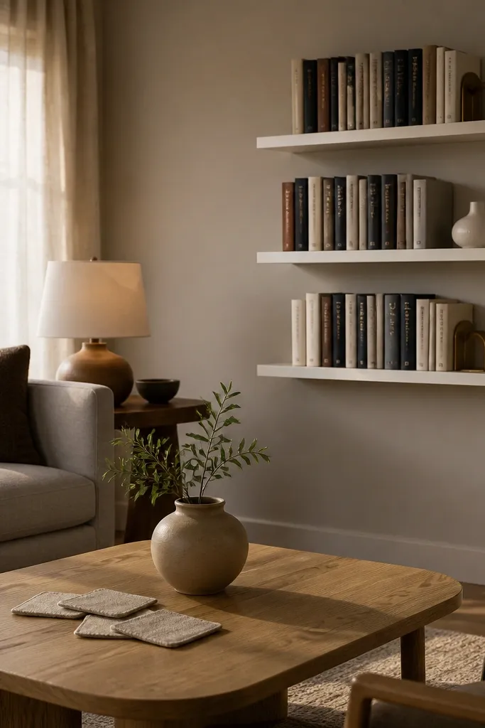 Three white floating shelves in a row above a low media console. The shelves are deeper than typical, holding book stacks with varied heights, a white ceramic bowl, and a black metal picture frame.