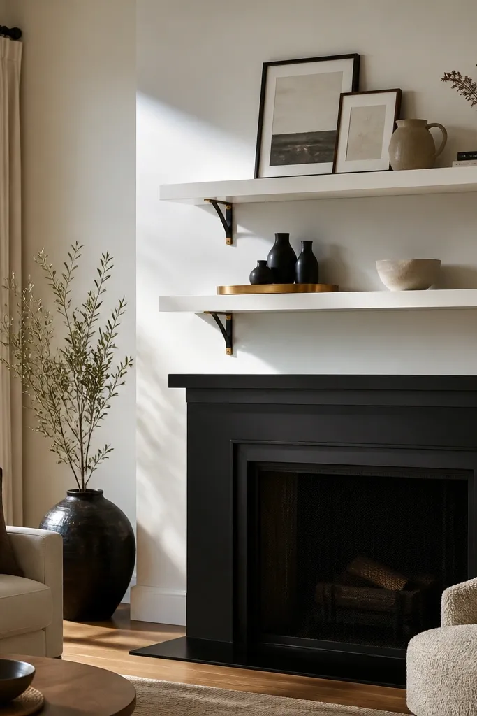 Two satin white floating shelves above a fireplace mantel. Items include black metal frames, a brass tray, a white sculptural candle, and a small potted plant with dark leaves.