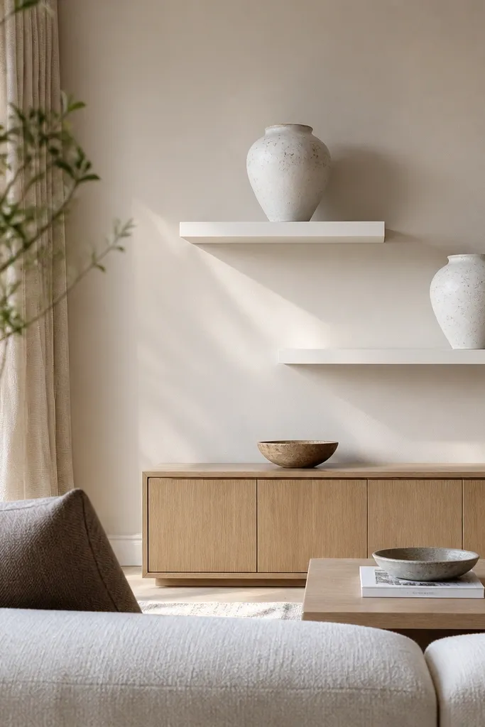 Single white floating shelf on a pale wall. The shelf holds one oversized white ceramic vase with subtle texture and a small neutral candle on a saucer.