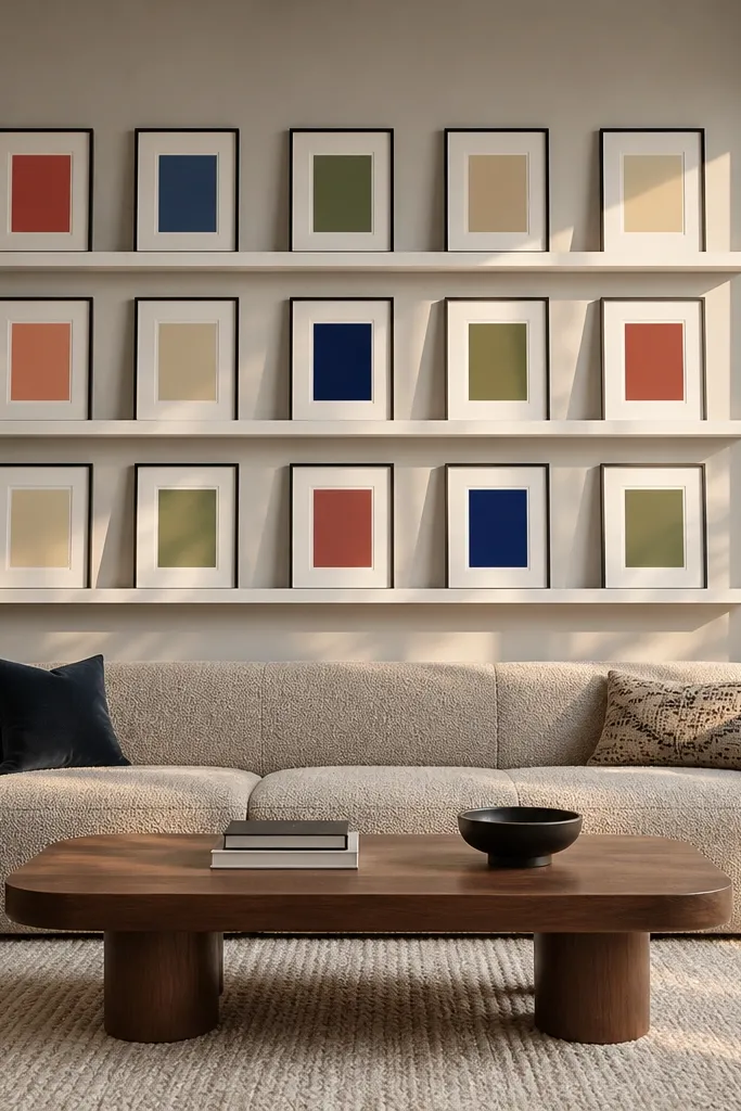 Three white floating shelves arranged in a grid. Each shelf has framed art in a consistent size, plus small white ceramic risers and one thin brass object.