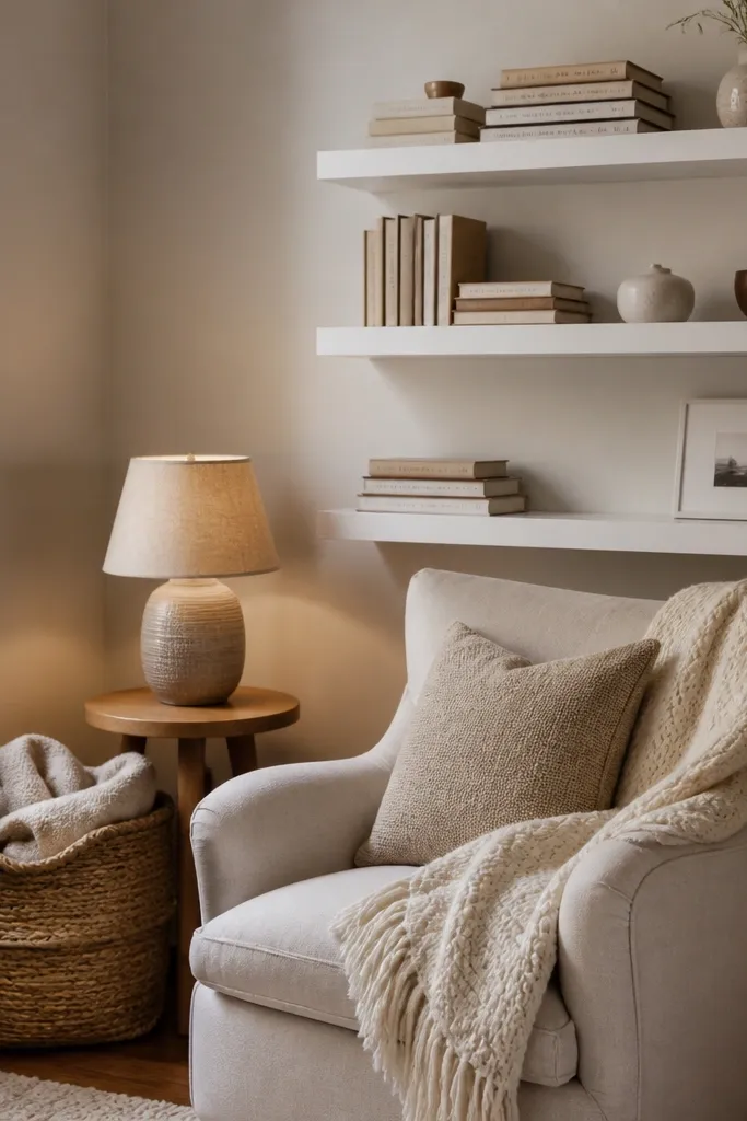 Two white floating shelves above a reading chair. On the top shelf: a woven basket and a small lamp with a beige shade. On the bottom shelf: a stack of books, a ceramic tray, and a small framed photo.