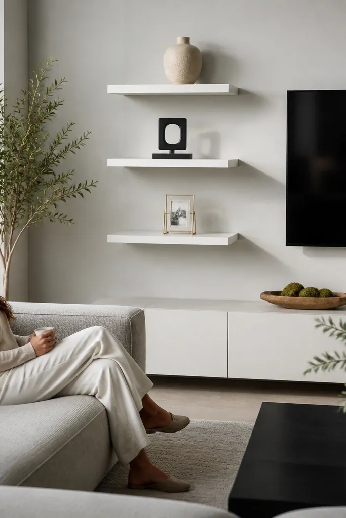 Three narrow white floating shelves on one wall. Each shelf holds a single sculptural object: a white twisting vase, a small stone-like candle holder, and a thin black-and-white framed print.