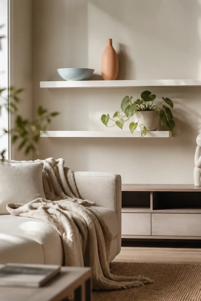 Two white floating shelves with pastel decor. Top shelf shows a pale blue ceramic bowl and a white frame. Bottom shelf shows a peach ceramic vase, a white tray, and a small green plant in a cream pot.