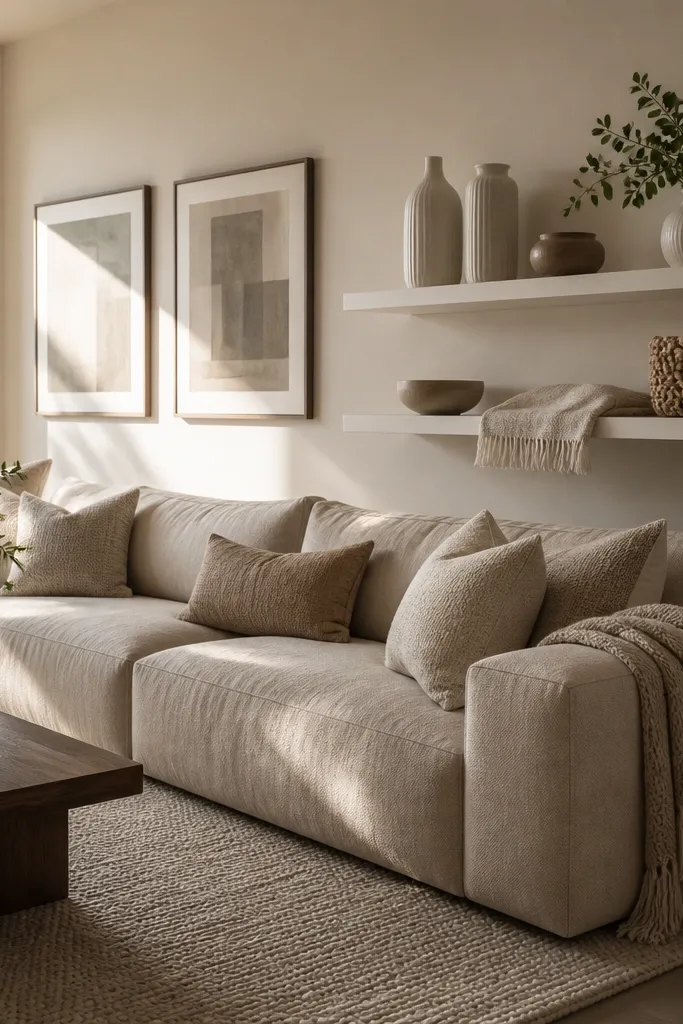 Three white floating shelves filled with textured neutral objects. Items include a chunky knit-wrapped basket, a ribbed white vase, a linen book stack, and a small black frame.