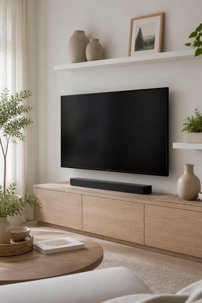 Two white floating shelves above a console with a soundbar. The bottom shelf has a row of small plants and a slim box, while the cords are not visible. The top shelf holds a framed photo and a white lamp.