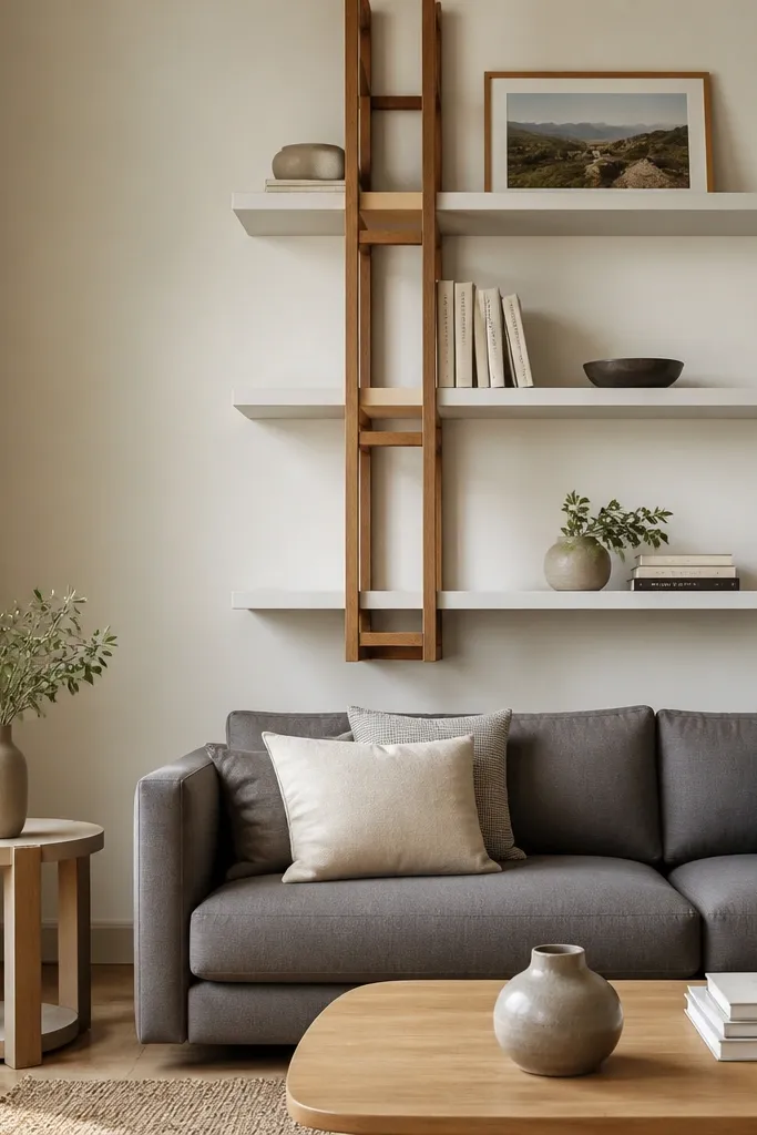 Three white floating shelves with a vertical wood ladder leaning between the shelves. Shelves hold white vases, a small brass tray, and framed botanical prints.