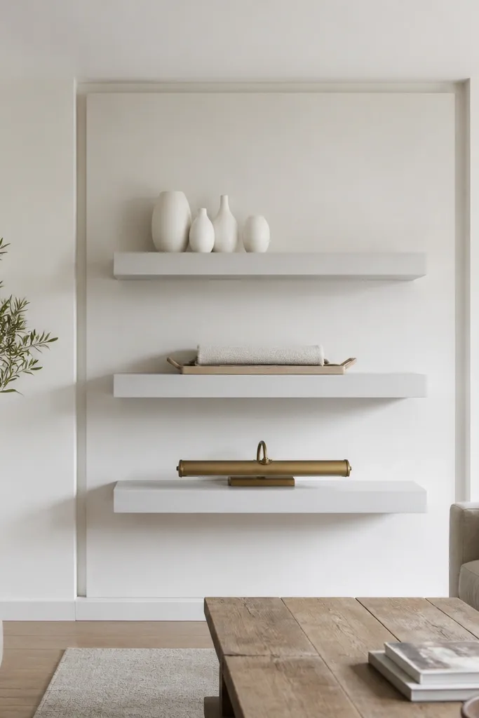 Two white floating shelves mounted on a wall that has a subtle raised white panel backdrop. Decor includes a white ceramic bowl, a small mirror, and a stack of light gray books.