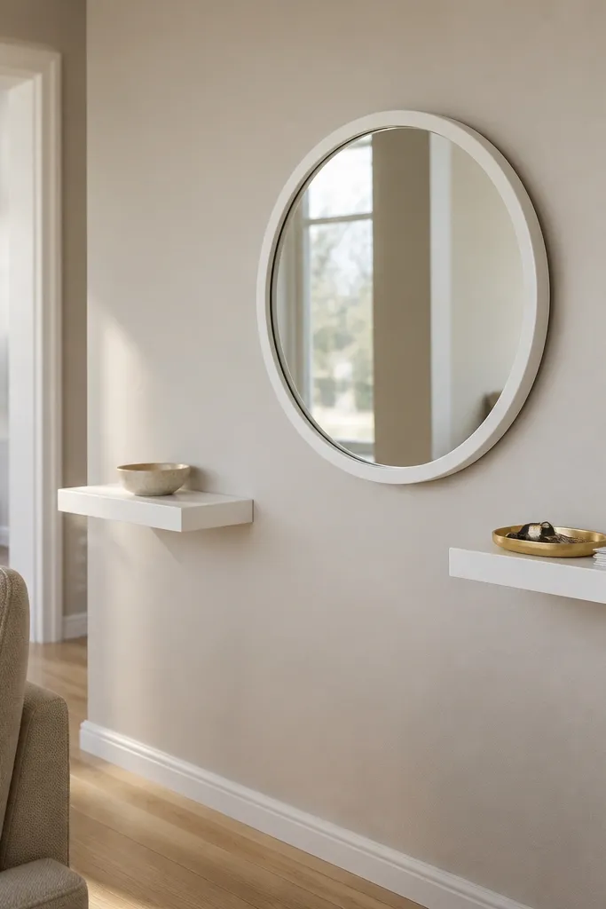Two white floating shelves beside an entryway. A round mirror sits between the shelves. Shelves hold a small vase, a key tray, a candle, and a mini plant.