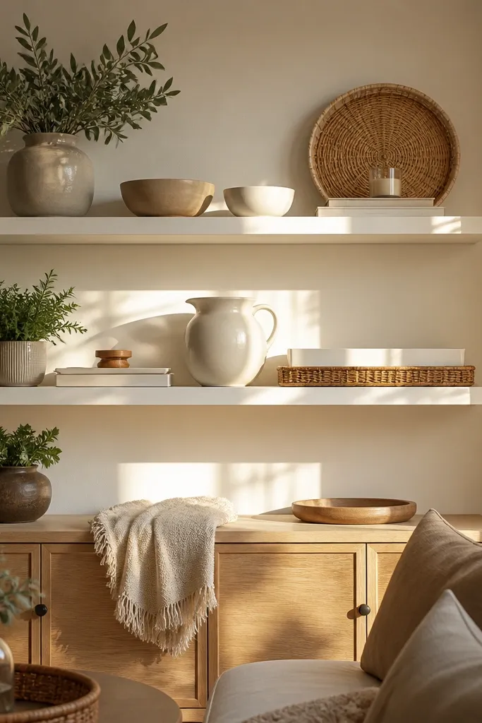 Two white floating shelves with layered trays. A ceramic pitcher sits on the top shelf with a small brass tray beneath. The bottom shelf has a stack of two trays, a book, and a small succulent.