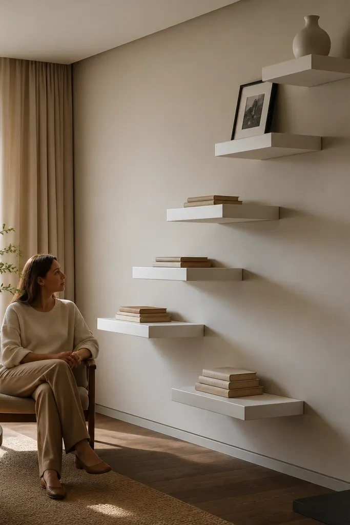 Three white floating shelves staggered at slightly different vertical heights like steps. Each shelf holds a single item: a tall vase, a medium plant stand, and a low framed photo.