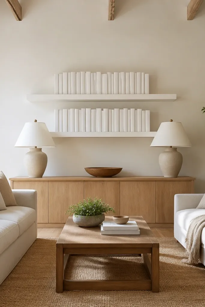 Two white floating shelves styled symmetrically. The top shelf has two matching stacks of faux books and a small white sculpture in the center. The bottom shelf has matching candle holders and a small framed print.
