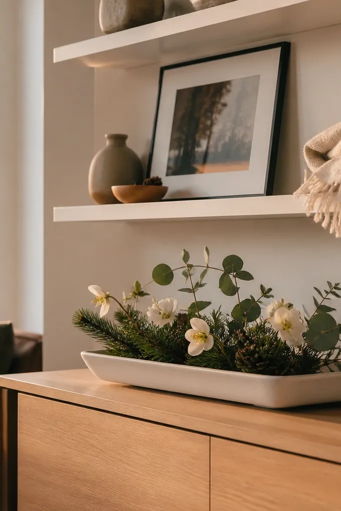 Two white floating shelves. The top shelf holds a white framed print and a small vase. The bottom shelf has a large neutral tray filled with seasonal green stems, plus a candle and a small ceramic bowl.