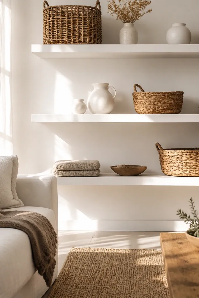Two white floating shelves with rattan baskets. The top shelf has a small white vase and a rattan basket. The bottom shelf has a woven tray, a book stack, and a tiny plant.