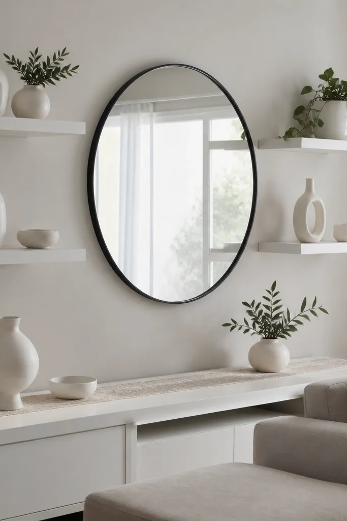 Two white floating shelves with mostly white decor and one black accent. Top shelf has a small mirror with a black rim and a white candle. Bottom shelf has a white ceramic bowl, a single black-framed photo, and a small plant.