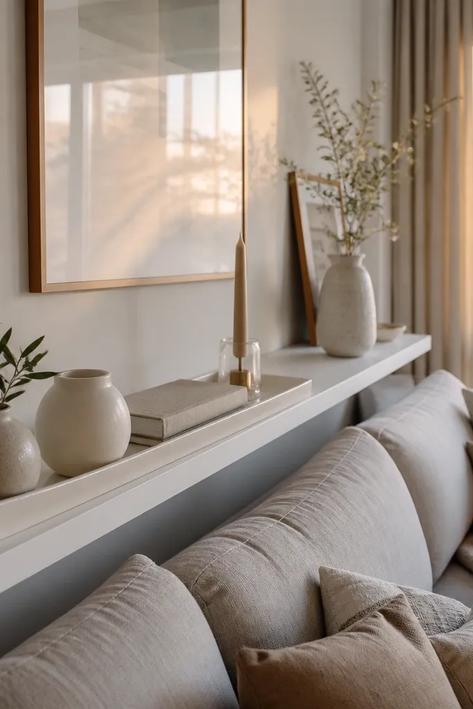 Two white floating shelves above a sofa. The bottom shelf holds a long white tray with three items aligned: a candle, a small bowl, and a mini plant. The top shelf has a tall vase and a small framed print.