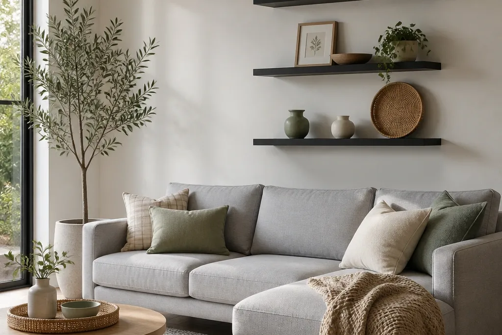 Floating Shelves Living Room before after transformation
