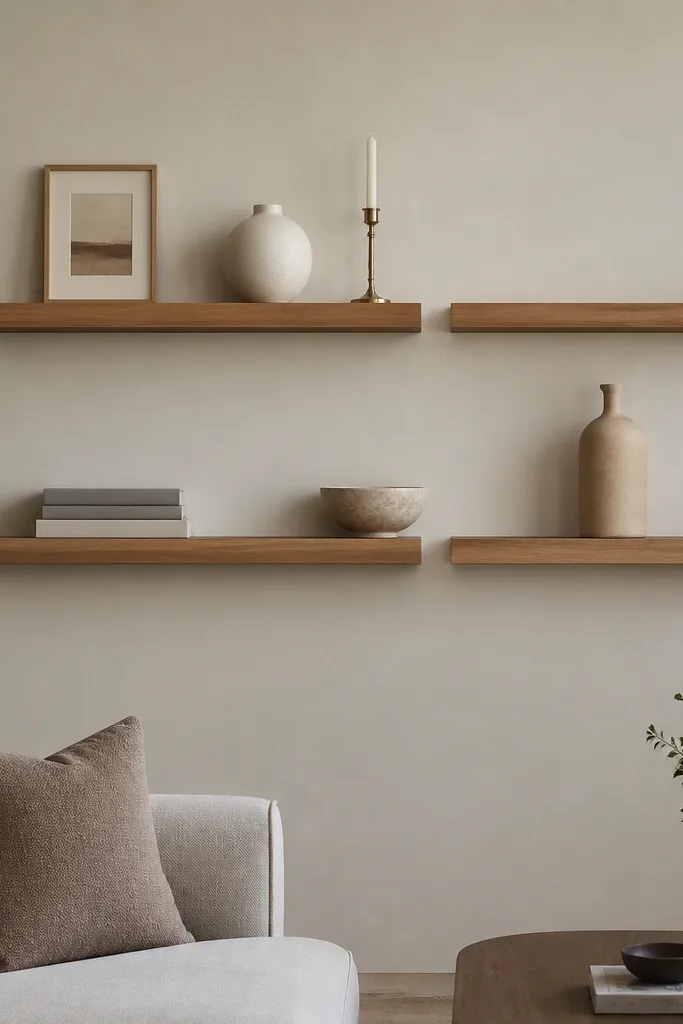A living room wall with four floating shelves in two staggered rows. The shelves are warm oak with a simple flat front. The top row holds a small framed print, a white ceramic vase, and a brass candle holder. The bottom row holds a stack of books with a gray cover, a tan stone bowl, and a taller bottle vase. Everything is evenly spaced and aligned to the center of the wall.