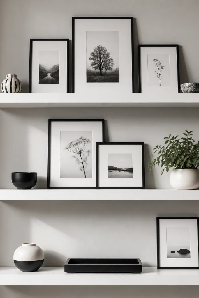 Three white floating shelves on a light gray wall. Each shelf holds black picture frames with serif typography, plus a few small black-and-white ceramics. The frames are centered and slightly different heights, with a small plant in a white pot on the right side of the middle shelf. A black tray sits on the bottom shelf.