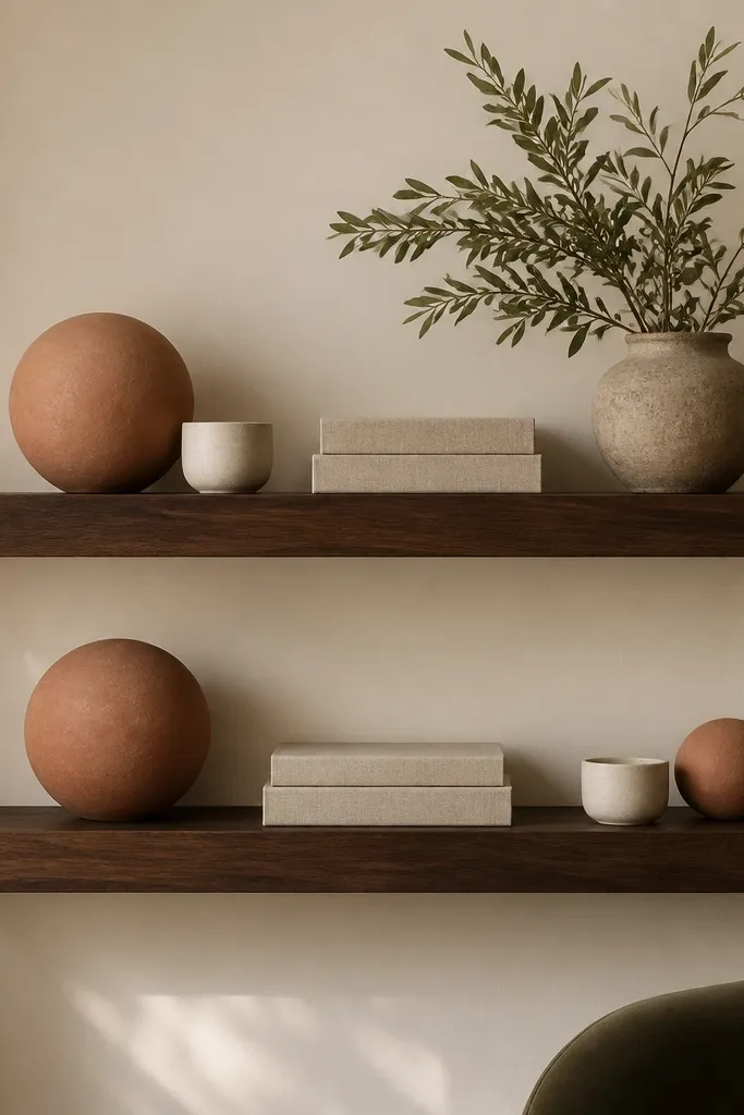 Two floating walnut shelves with a darker stain on a warm cream wall. Each shelf displays terracotta sphere decor (one larger on the left, one smaller on the right) and a small white ceramic cup. There's a linen-wrapped book stack in the center and a muted olive plant on the top shelf.