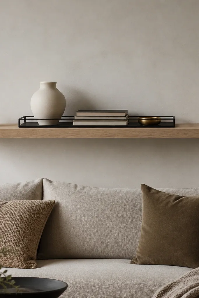 A single long floating shelf above a sofa. The shelf is light oak. On it sits a long rectangular tray in black metal. Inside the tray are a cream vase, a stack of three books, and a small brass dish. The ends of the shelf have two small candles in glass holders.