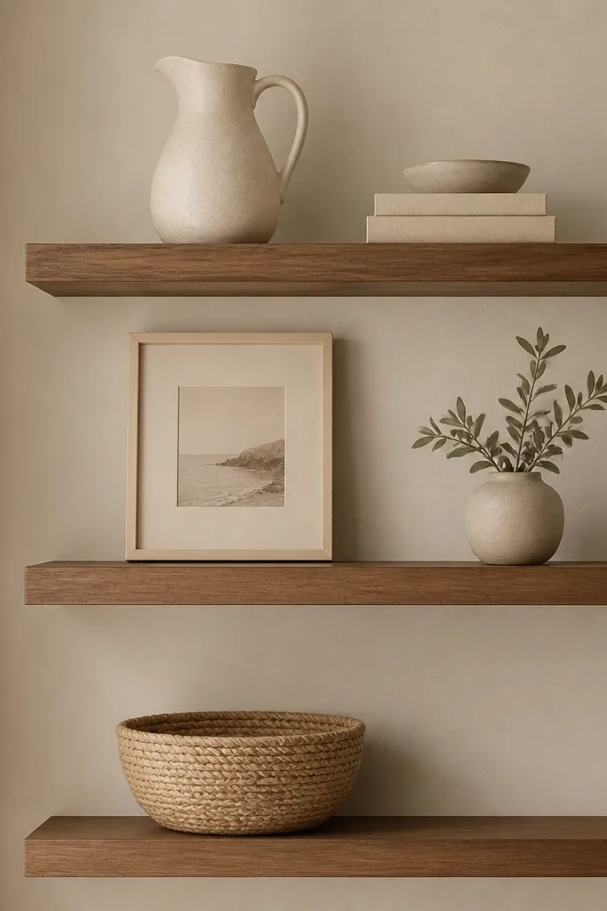 Three floating shelves in a medium walnut tone. Every item is in the same color family: cream, oat, and soft tan. There's a cream ceramic pitcher on the top shelf, a beige framed photo on the middle shelf, and a tan woven basket on the bottom shelf. A single greenery sprig in a small pot sits on the right side of the middle shelf.