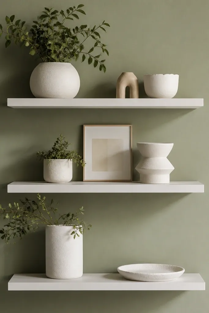 A cluster of three floating shelves on a sage green wall. The shelves are white. The decor includes white plaster-look pots in different sizes, a small framed print, and a couple of sculptural ceramic pieces. One shelf has a tall pot on the left and a low flat dish on the right.