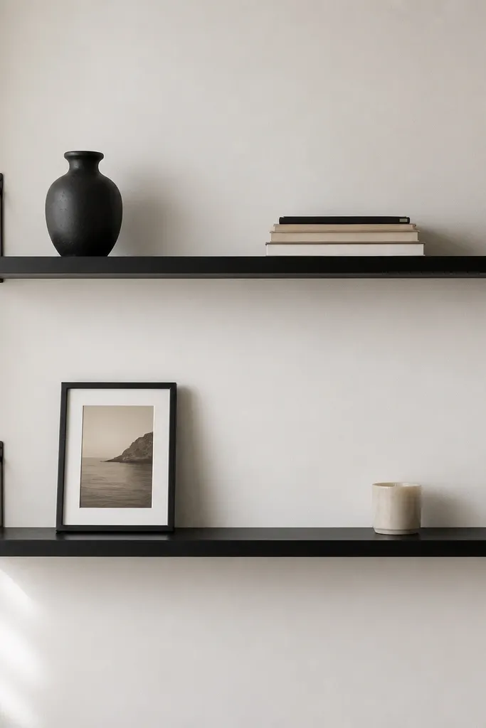 Two black floating shelves with thin metal brackets on a white wall. Only a few items sit on each shelf: a single black vase, a small stack of books with neutral covers, a framed photo, and a small candle. The spacing is generous with lots of visible wall between objects.