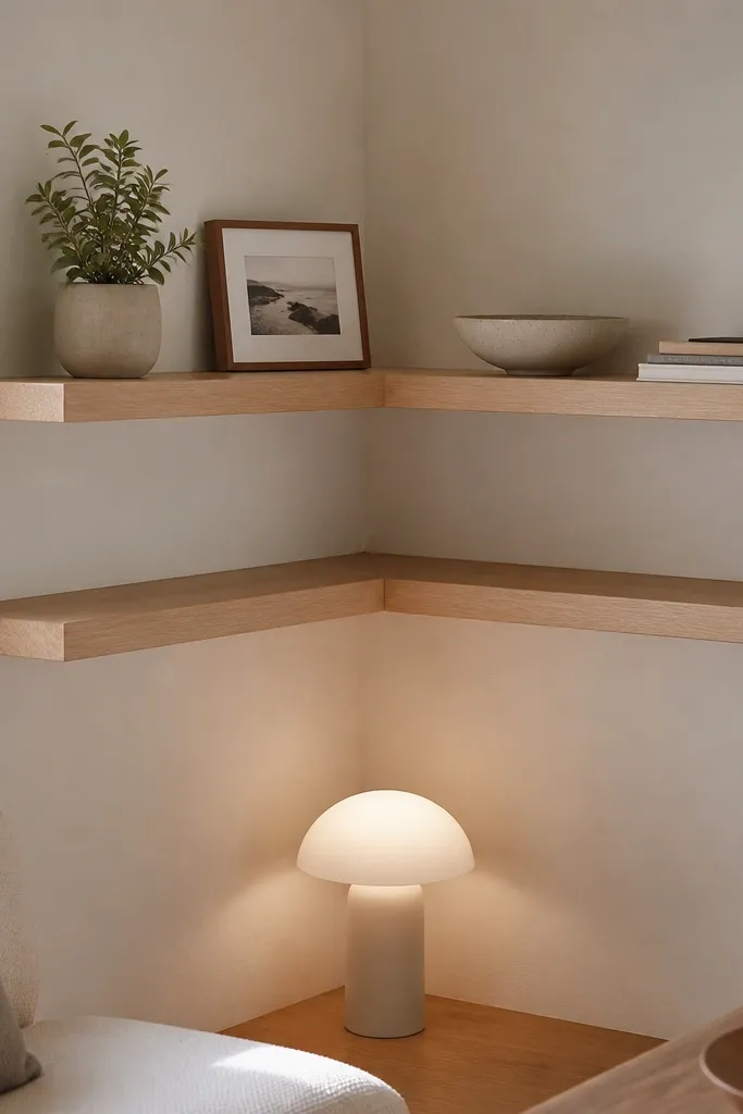Floating shelves installed in a corner, wrapping from one wall to the adjacent wall. The shelves are light oak. On the left side are a small plant and a framed photo; on the right side are a ceramic bowl and a stack of books. A small lamp sits on the floor below, and the shelf items align to the corner seam.