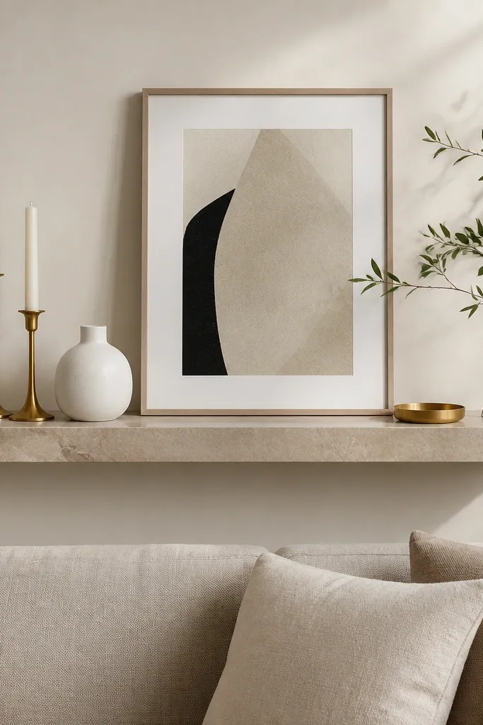 A floating shelf with a beige marble-look surface. It's mounted above a neutral sofa. On it are two gold candlesticks, a white ceramic vase, and a small tray in gold. A framed art print sits at the center, and there's a single greenery branch on the right.