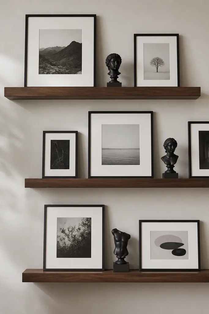 Three floating shelves arranged like a staggered gallery. The shelves are walnut. Each shelf holds a mix of framed prints and a few small sculptures. The frames are mostly black with off-white mats, and they're spaced with consistent gaps. Small black bust sculptures sit between frames.