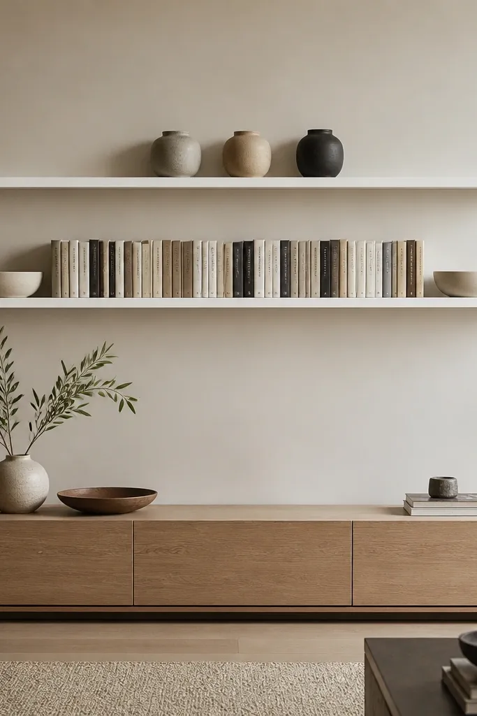 Two long narrow floating shelves above a low media console. The shelves are white and slim. On the top shelf there are three small vases in a row. On the bottom shelf there's a line of books with one ceramic bowl at each end. The spacing is uniform and the items sit in straight lines.