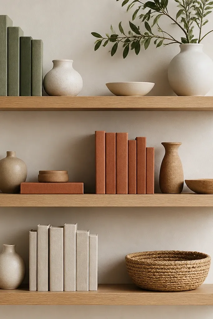 Three floating shelves in light oak. The styling uses fabric-covered books in muted colors: sage, clay, and oatmeal. Each shelf has one color block group: top shelf has sage and white ceramics, middle shelf has clay and tan items, bottom shelf has oatmeal books and a woven basket. Small ceramic vessels repeat across shelves.