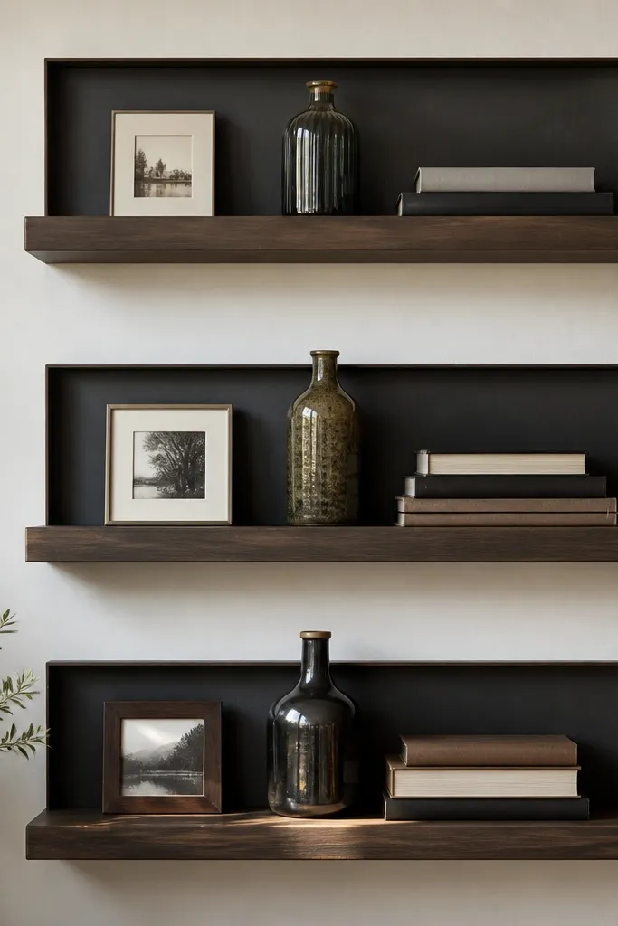 Floating shelves with a subtle dark back panel behind the decor. The shelves are mounted on a light wall. The back panels create a shadow-box effect. On each shelf there's a carefully spaced set: a small framed photo, a tall bottle, and a stack of books. The darker back makes the items pop.