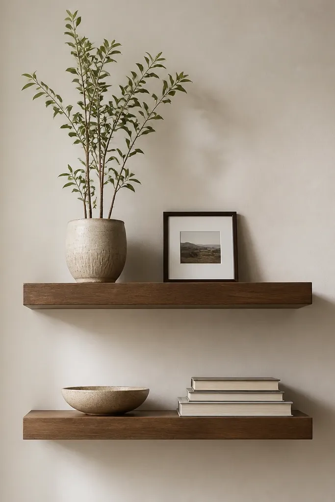 Two floating shelves with a medium walnut finish. The top shelf holds one tall plant in a textured ceramic pot and a small framed photo. The bottom shelf holds a low bowl and a stack of books. Everything is spaced so the plant rises above the rest and creates a vertical line.