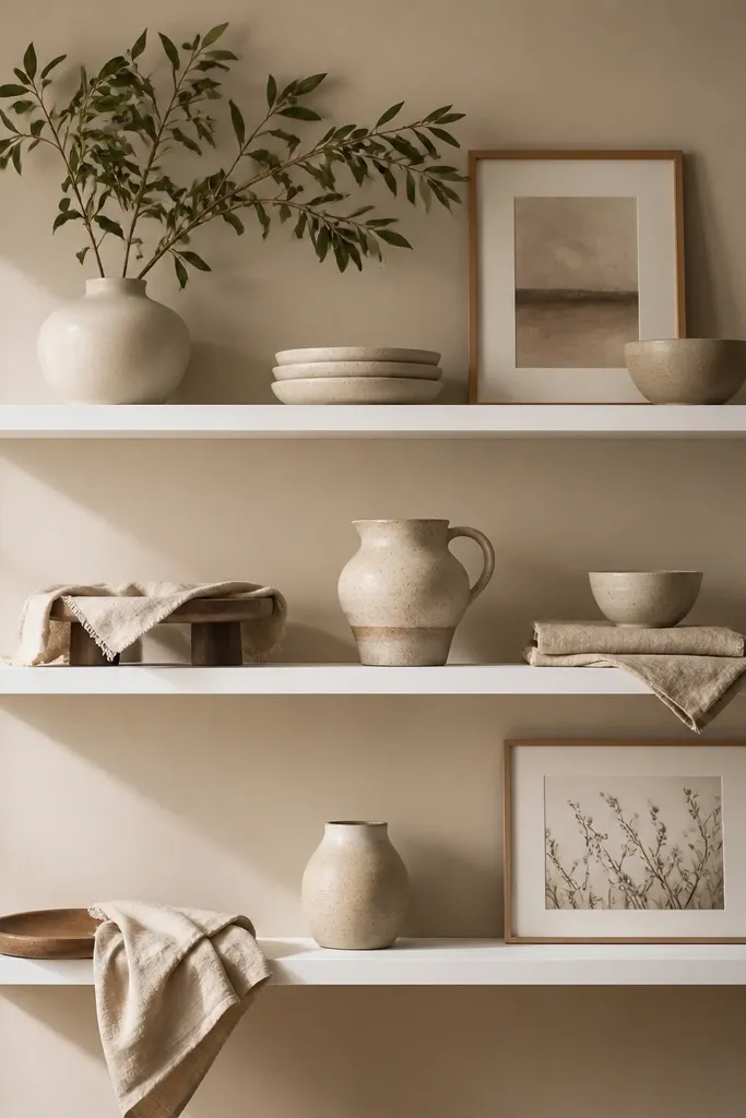 Three slim floating shelves in white on a warm beige wall. The decor includes folded linen napkins draped over small risers, a ceramic pitcher, and a couple of framed prints. The textiles soften the look and create gentle folds.