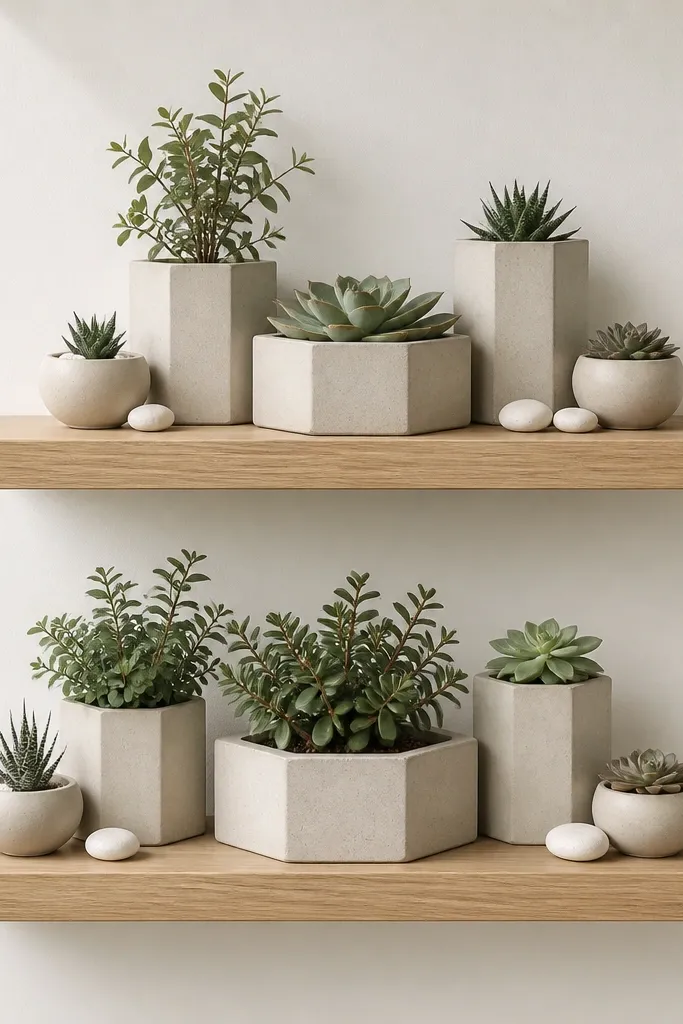 Two floating shelves in a light oak tone. The decor is arranged like a hexagon cluster with planters of different heights and widths. Small round planters sit near the corners, and a larger planter sits in the center. A couple of small white stones are placed around the planters.