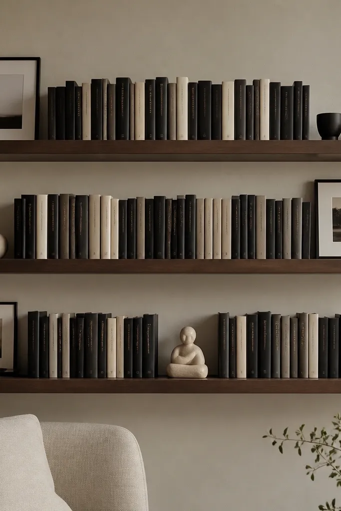Three floating shelves with a dark walnut stain. The shelves hold a tight arrangement of books with spines in black, cream, and charcoal. A few minimalist frames sit at the edges, and one small sculpture sits in the center of the bottom shelf.