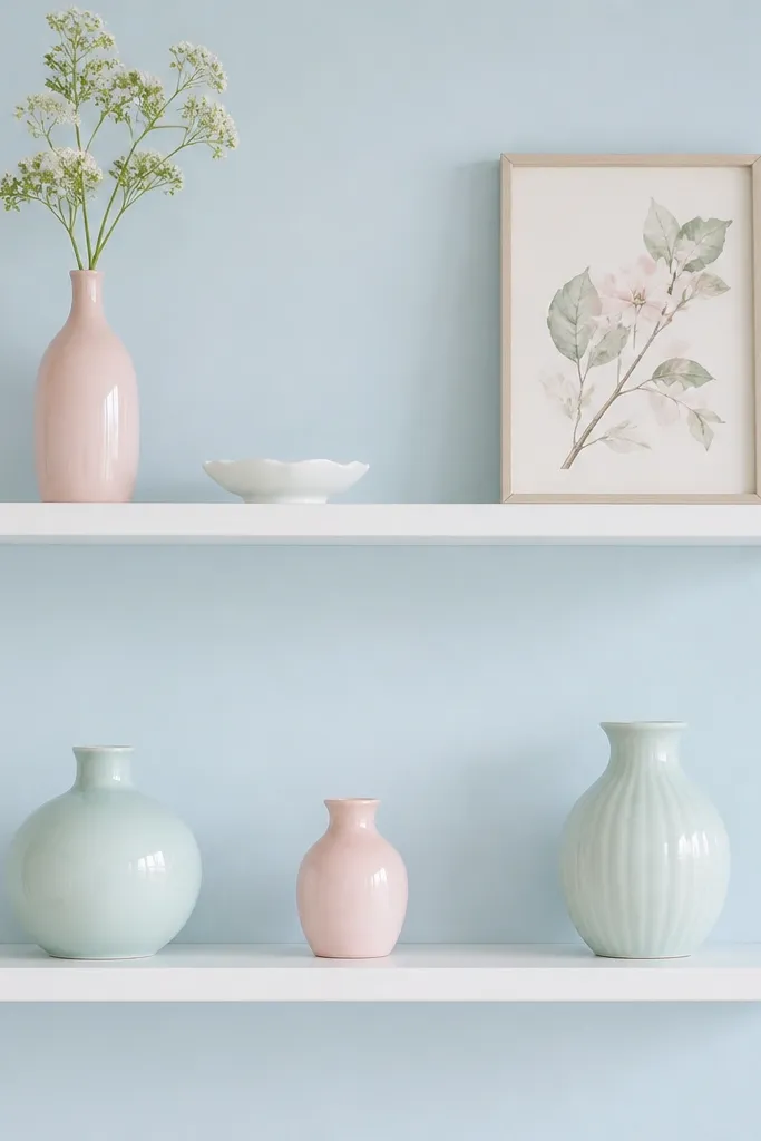 Two floating shelves in white with a slightly rounded front edge. The wall is pale blue. On the shelves are pastel porcelain pieces: light pink and mint vases, a small white dish, and a framed botanical print. The items are spaced with lots of air between them.