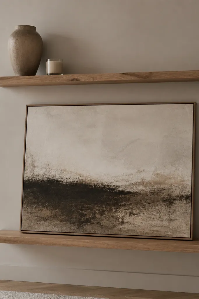 Two floating shelves in a natural wood finish. The bottom shelf holds a large oversized framed art piece leaning against the back. The top shelf holds a single vase and a small candle. The wall looks uncluttered and the shelves act like a platform for the art.
