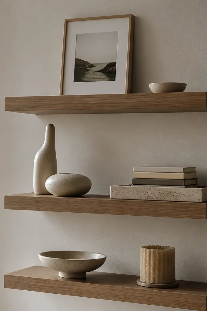 Three floating shelves in a light walnut finish. The decor includes a stone tray on the middle shelf, two sculptural ceramic forms (one tall, one low), and a small stack of books. The top shelf has a single framed photo and a small ceramic dish. The bottom shelf holds a low ceramic bowl and a textured candle.