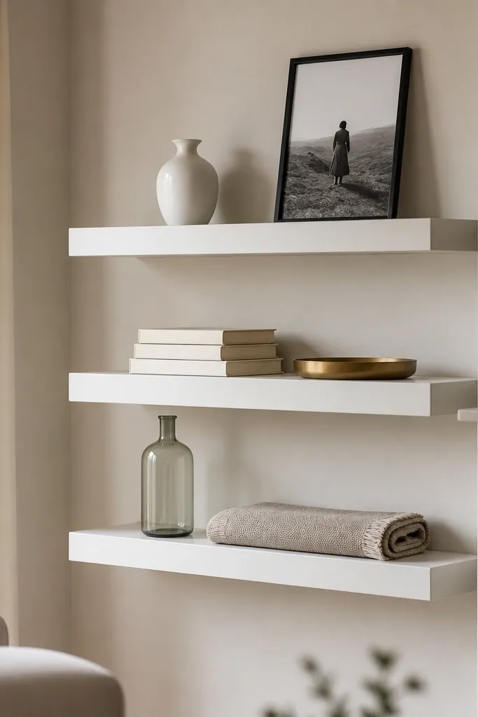 Three floating shelves painted matte white on a light beige living room wall. Inside the shelf line, you can see no hardware; only a clean shadow gap. On the top shelf there's a small white ceramic vase and a black-framed photo leaning. Middle shelf holds a stack of cream books and a round brass tray. Bottom shelf has a tall glass bottle and a textured linen runner rolled at one end.
