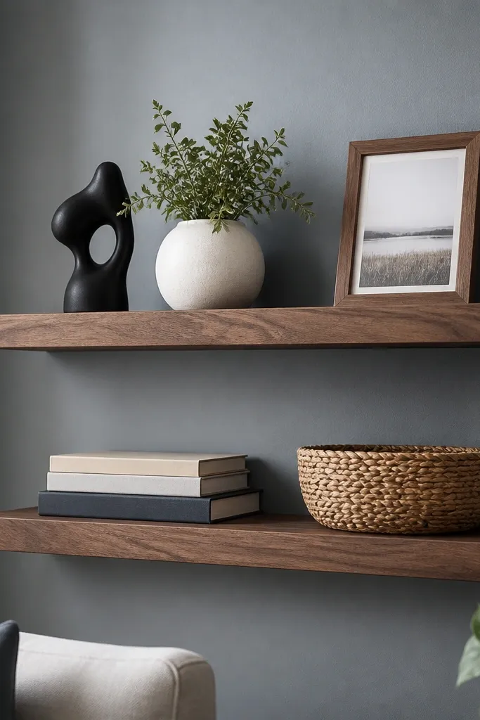 Two floating shelves in a medium walnut stain on a gray-blue wall. The shelves have visible wood grain and a soft matte sheen. Top shelf holds a small black sculpture, a white ceramic pot, and a picture frame with a walnut border. Bottom shelf has a stack of books with muted covers and a woven basket tucked at the right end.