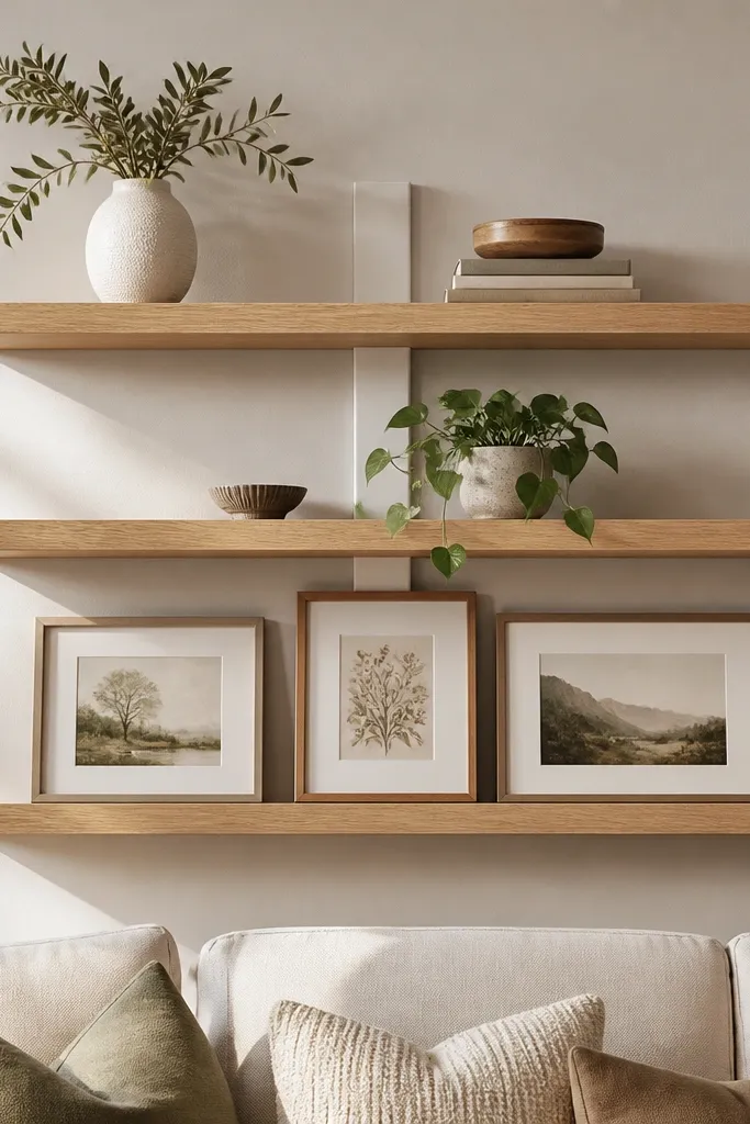 Three floating shelves mounted above a sofa. The shelves are light oak with a pale honey finish. Behind the shelves, there's a thin white vertical backer strip visible between shelf levels, like a narrow panel. Decor includes a white vase, a small plant in a ceramic pot, and a row of framed prints on the bottom shelf.