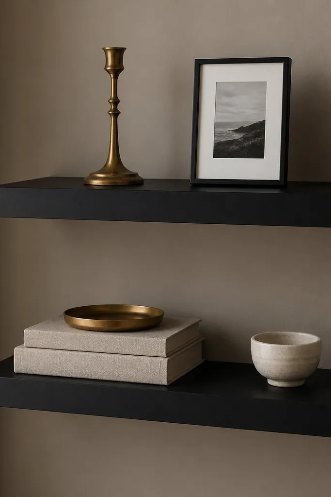 Two black floating shelves on a warm taupe wall. The shelves are deep matte black with a clean edge. Top shelf has a brass candlestick and a small black-and-white framed photo. Bottom shelf holds a linen-wrapped book stack, a brass tray, and a small ceramic bowl.