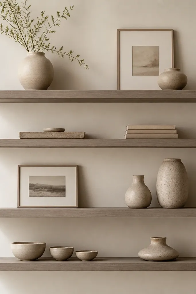 Four floating shelves in a greige finish on a creamy off-white wall. The shelves have a subtle wood grain and a matte finish. The decor is tonal: beige ceramic vases, a light taupe tray, and frames with greige mats. One shelf holds a small stack of books with greige covers, and another holds a short ceramic bowl group.