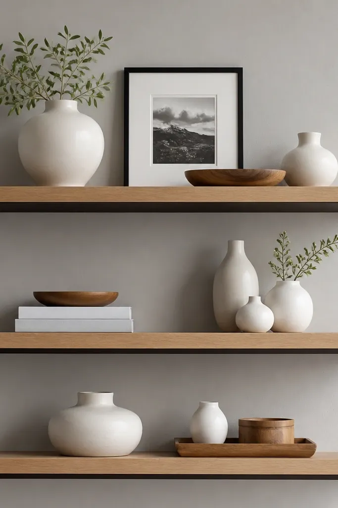 Three floating shelves: the main shelf face is light oak, and the underside edge band is painted deep espresso brown. The wall is light gray. Decor shows a mix of white vases, a black frame, and small wood trays. The espresso band is visible along the front underside line.