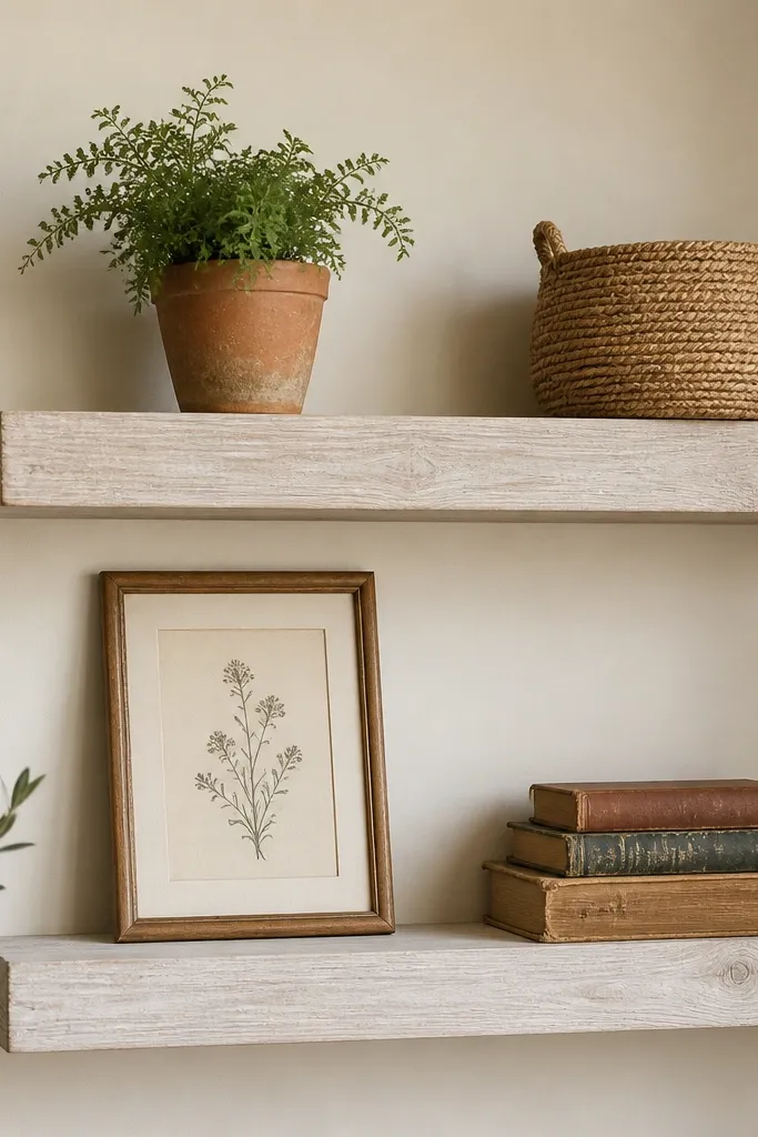 Two floating shelves with a weathered pine look. The finish is a soft white limewash with visible brush strokes. The wall is warm cream. On the shelves are a small terracotta pot, a woven basket, a framed botanical print, and a stack of worn hardcover books.